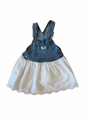 OshKosh B'gosh Overall Dress Girls 24M Denim White Cottagecore Eyelet Skirt